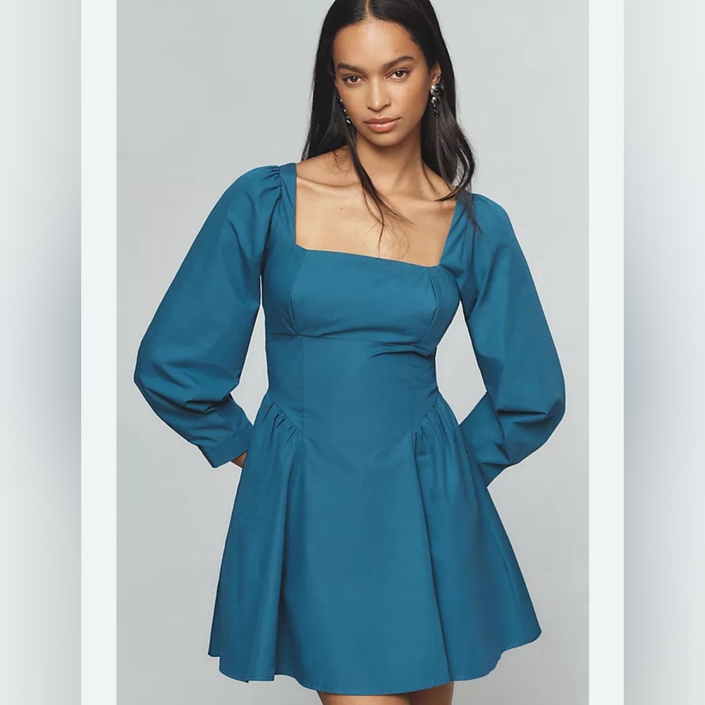New Anthropologie Poplin Mini Dress Long Sleeve Square Neck Pockets Women’s S